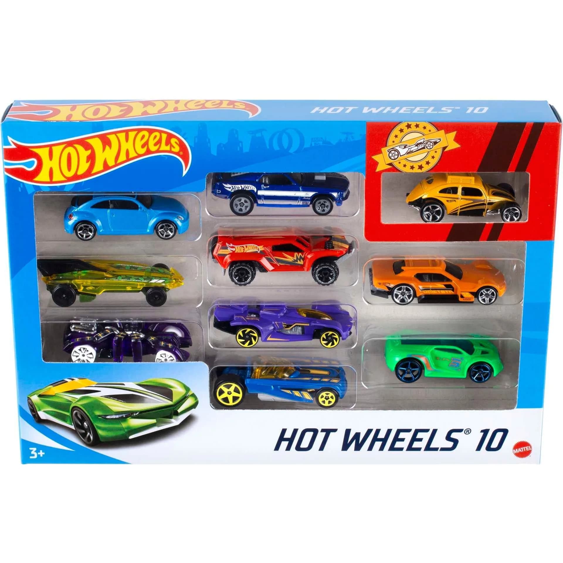 علبة Hot Wheels فيها 10 سيارات سباق 1:64 (HYM96)
